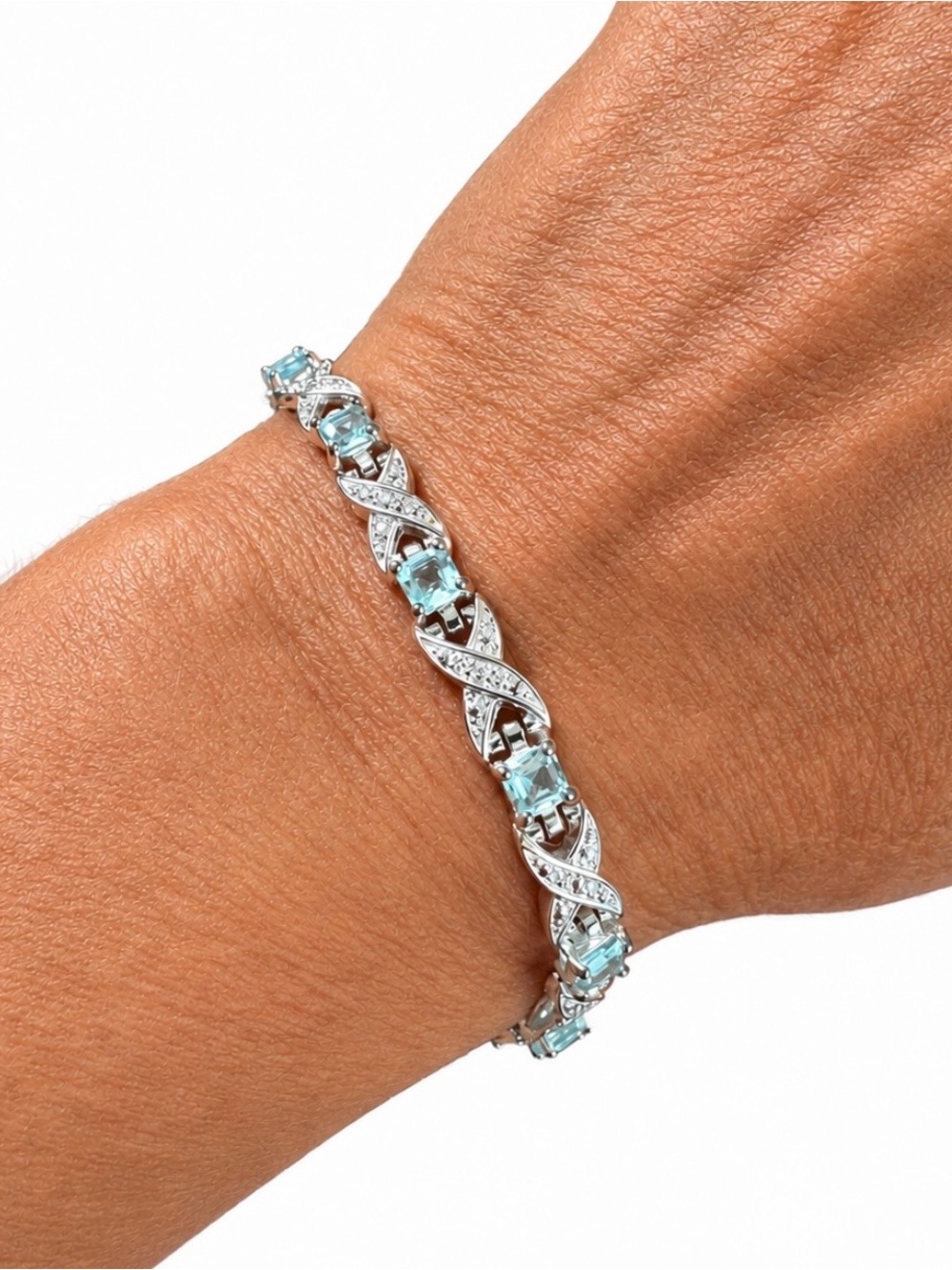 Sterling Silver Aquamarine-Style Stone Bracelet with Sparkle Accents